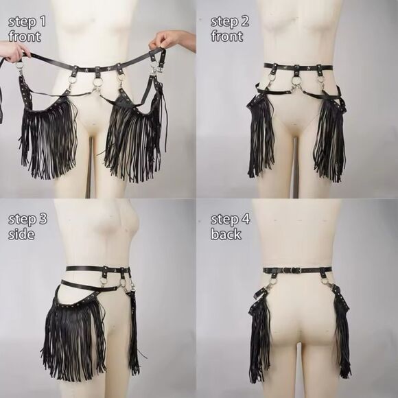 Black Vegan Silver Stars Waist Tassel Fringe Belt NEW - Picture 4 of 4